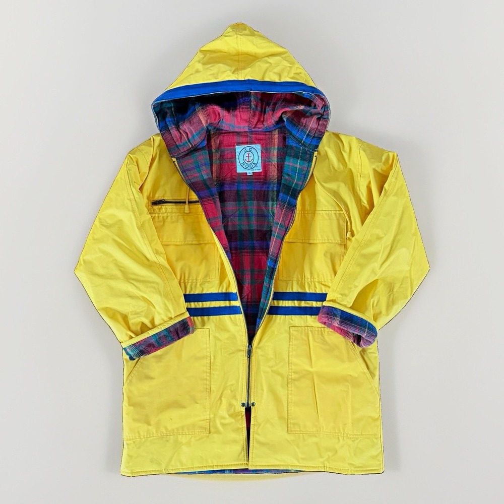 J.G. Hook Men's vintage Yellow Hooded Zip Rain Coat Lined Pockets Size S